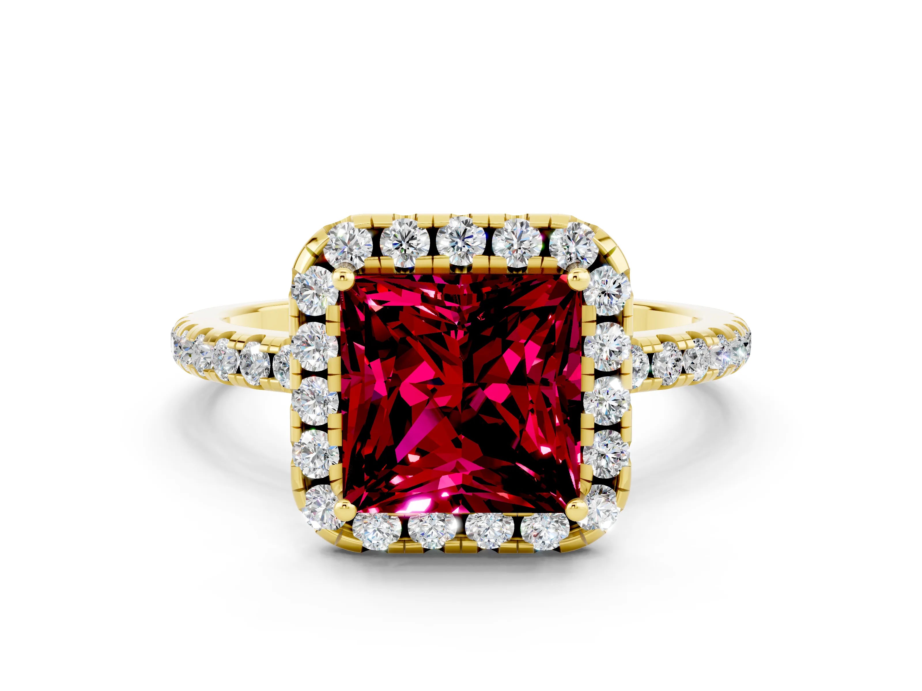 Yellow gold Princess Cut Halo Round Diamond Pavé Band Four-Prong Ring