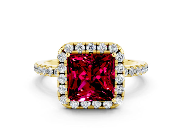Yellow gold Princess Cut Garnet Halo Ring with Round Pavé Band and Prong Setting