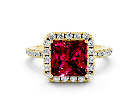 Yellow gold Princess Cut Halo Round Diamond Pavé Band Four-Prong Ring