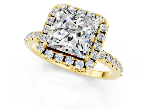Yellow gold Princess Cut Moissanite Halo Ring with Round Pavé Band and Prong Setting