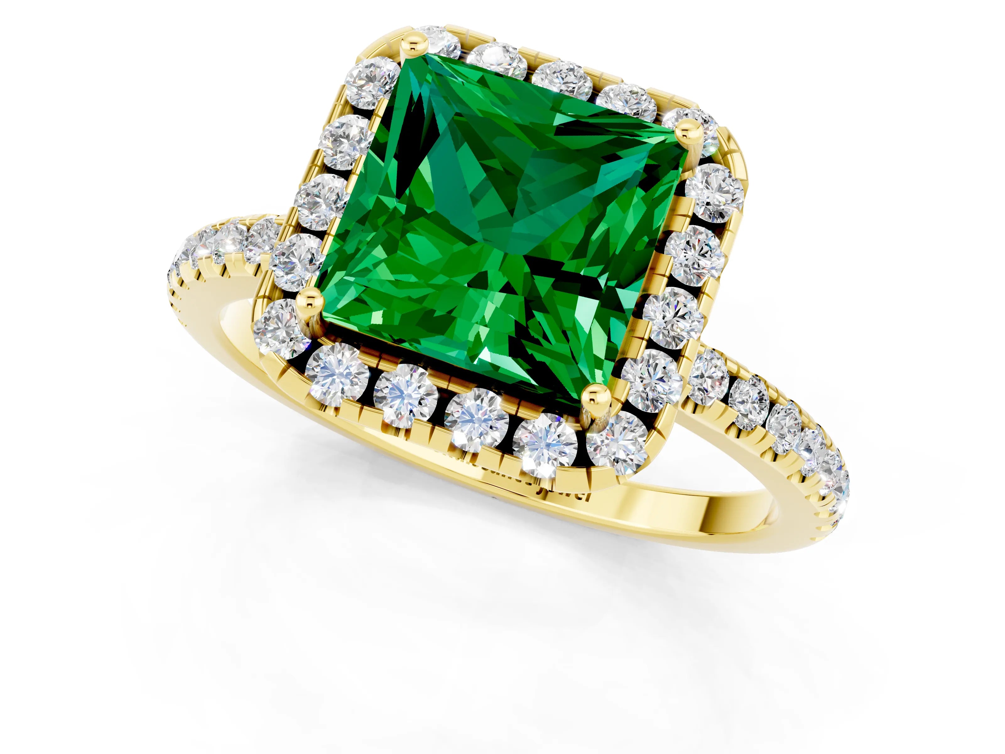 Yellow gold Princess Cut Halo Round Diamond Pavé Band Four-Prong Ring_1