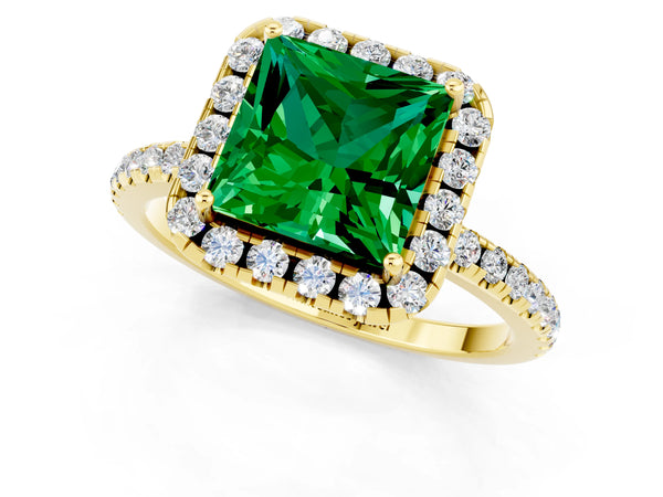 Yellow gold Princess Cut Emerald Halo Ring with Round Pavé Band and Prong Setting