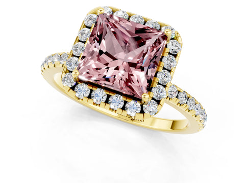 Yellow gold Princess Cut Halo Round Diamond Pavé Band Four-Prong Ring_1