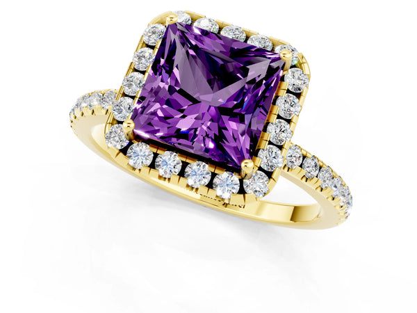 Yellow gold Princess Cut Amethyst Halo Ring with Round Pavé Band and Prong Setting