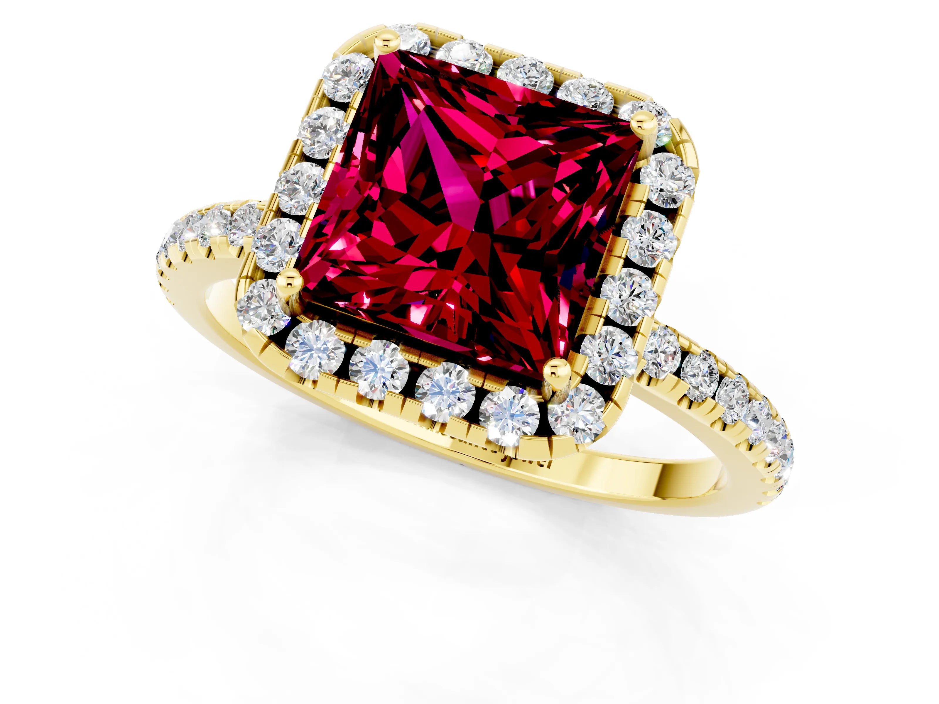 Yellow gold Princess Cut Halo Round Diamond Pavé Band Four-Prong Ring_1