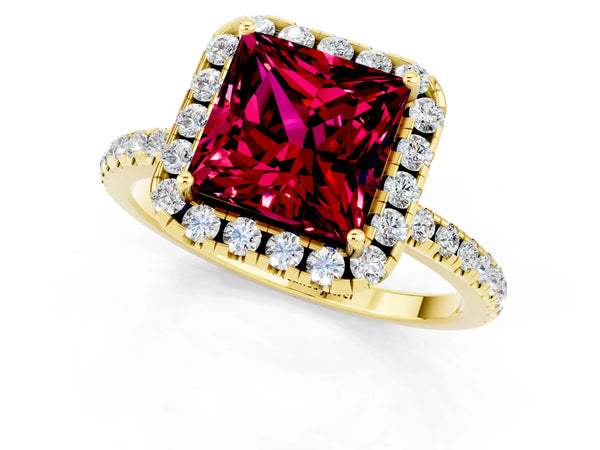 Yellow gold Princess Cut Garnet Halo Ring with Round Pavé Band and Prong Setting