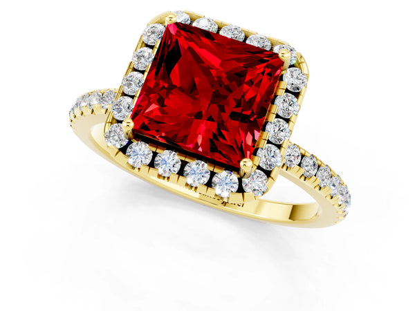 Yellow gold Princess Cut Halo Round Diamond Pavé Band Four-Prong Ring