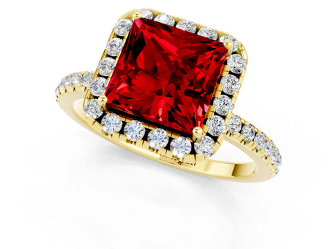 Yellow gold Princess Cut Halo Round Diamond Pavé Band Four-Prong Ring_1