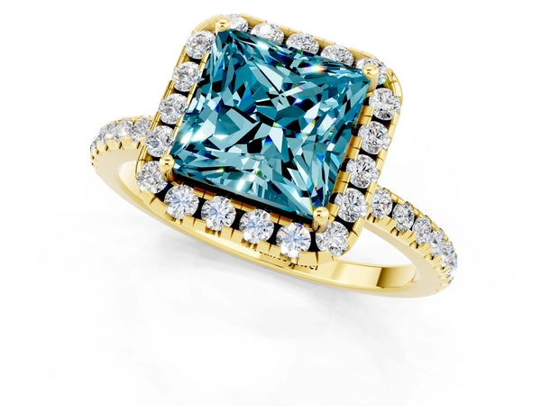 Yellow gold Princess Cut Halo Round Diamond Pavé Band Four-Prong Ring