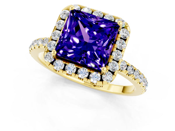 Yellow gold Princess Cut Tanzanite Halo Ring with Round Pavé Band and Prong Setting