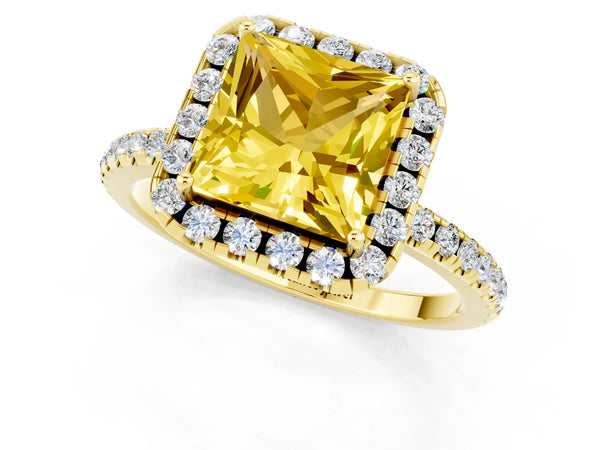 Yellow gold Princess Cut Yellow Sapphire Halo Ring with Round Pavé Band and Prong Setting