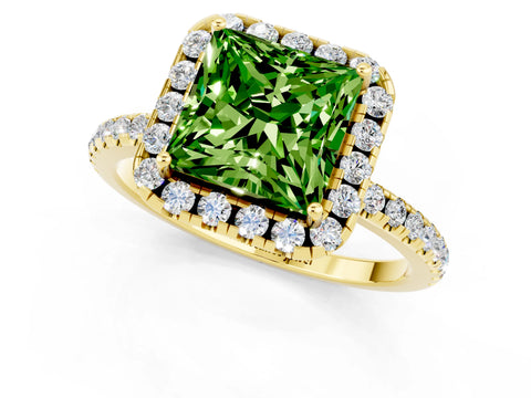 Yellow gold Princess Cut Halo Round Diamond Pavé Band Four-Prong Ring_1