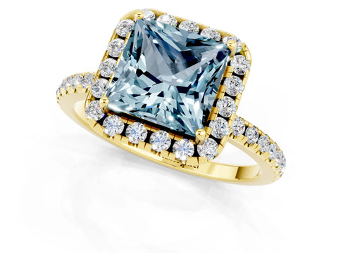 Yellow gold Princess Cut Halo Round Diamond Pavé Band Four-Prong Ring_1