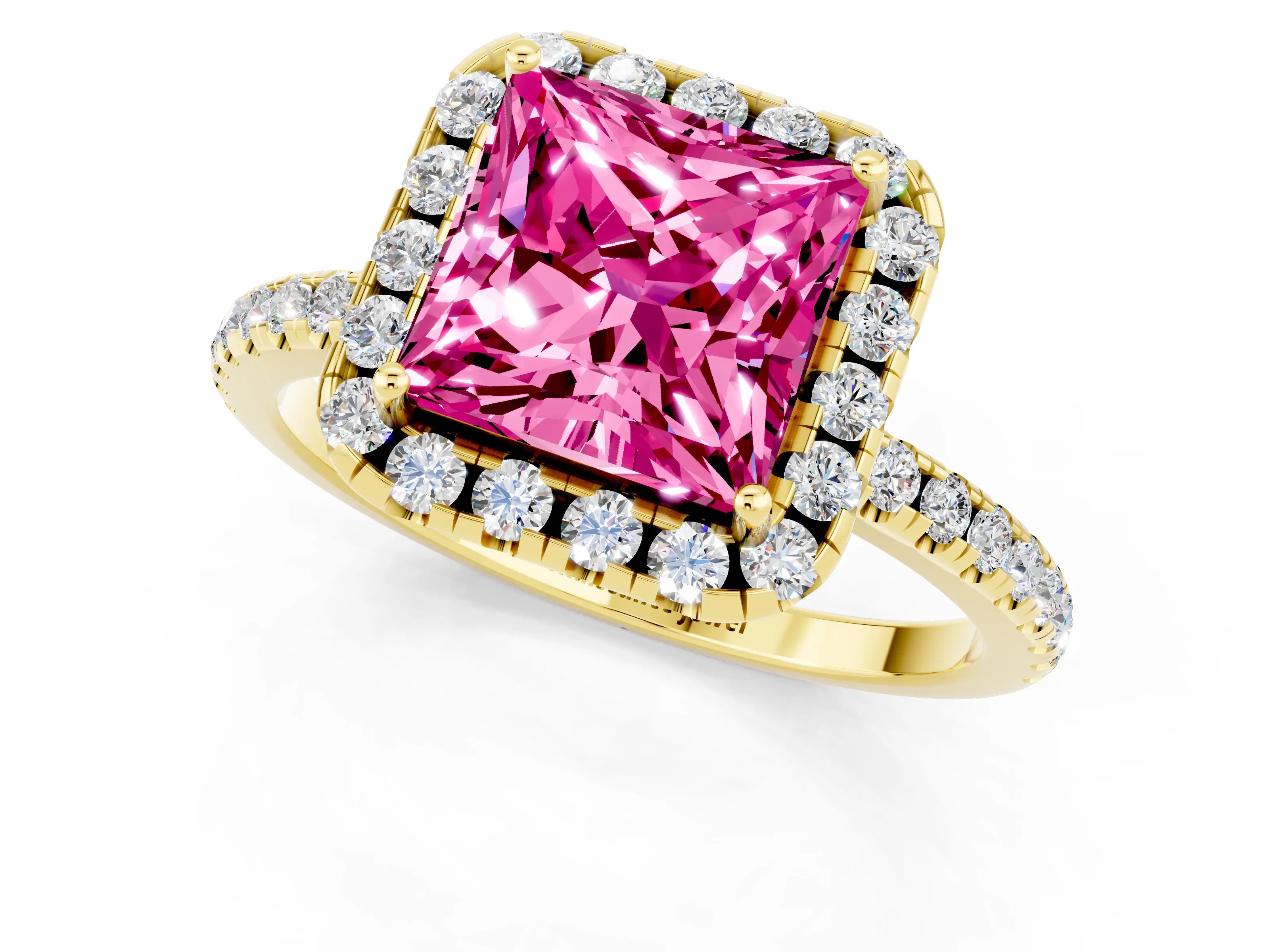 Yellow gold Princess Cut Halo Round Diamond Pavé Band Four-Prong Ring_1