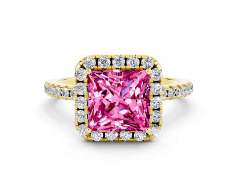 Yellow gold Princess Cut Halo Round Diamond Pavé Band Four-Prong Ring