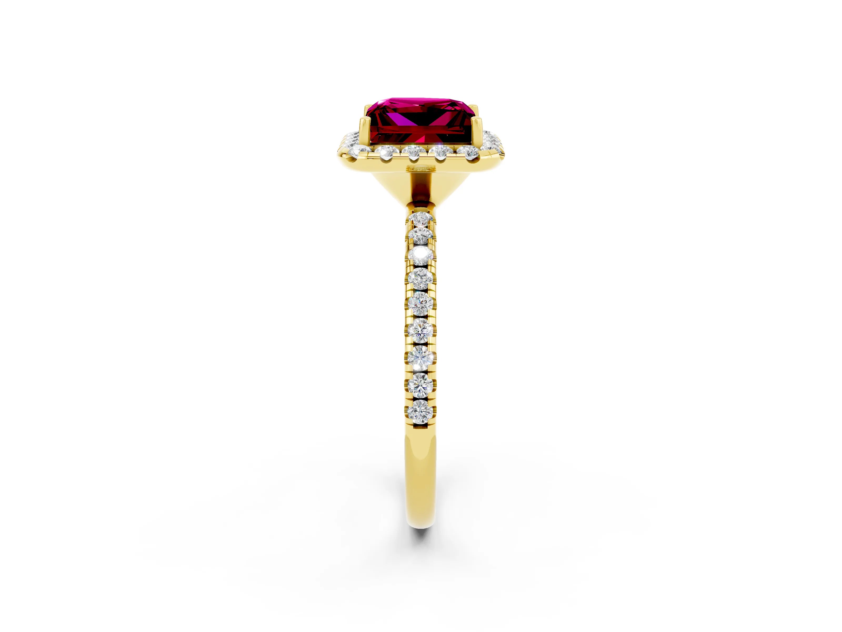 Yellow gold Princess Cut Halo Round Diamond Pavé Band Four-Prong Ring_2