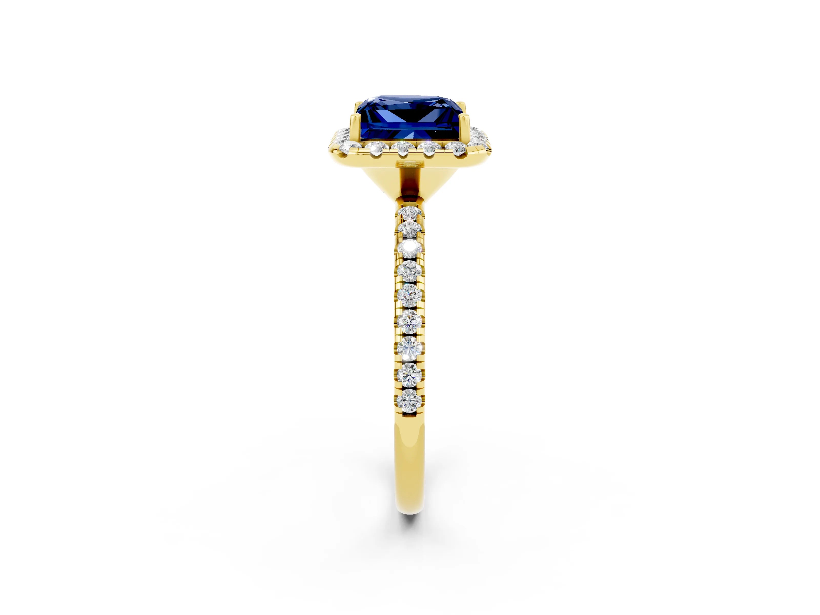 Yellow gold Princess Cut Halo Round Diamond Pavé Band Four-Prong Ring_2