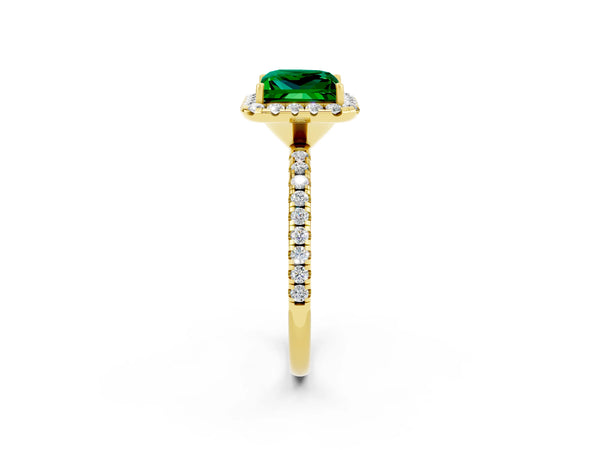 Yellow gold Princess Cut Emerald Halo Ring with Round Pavé Band and Prong Setting
