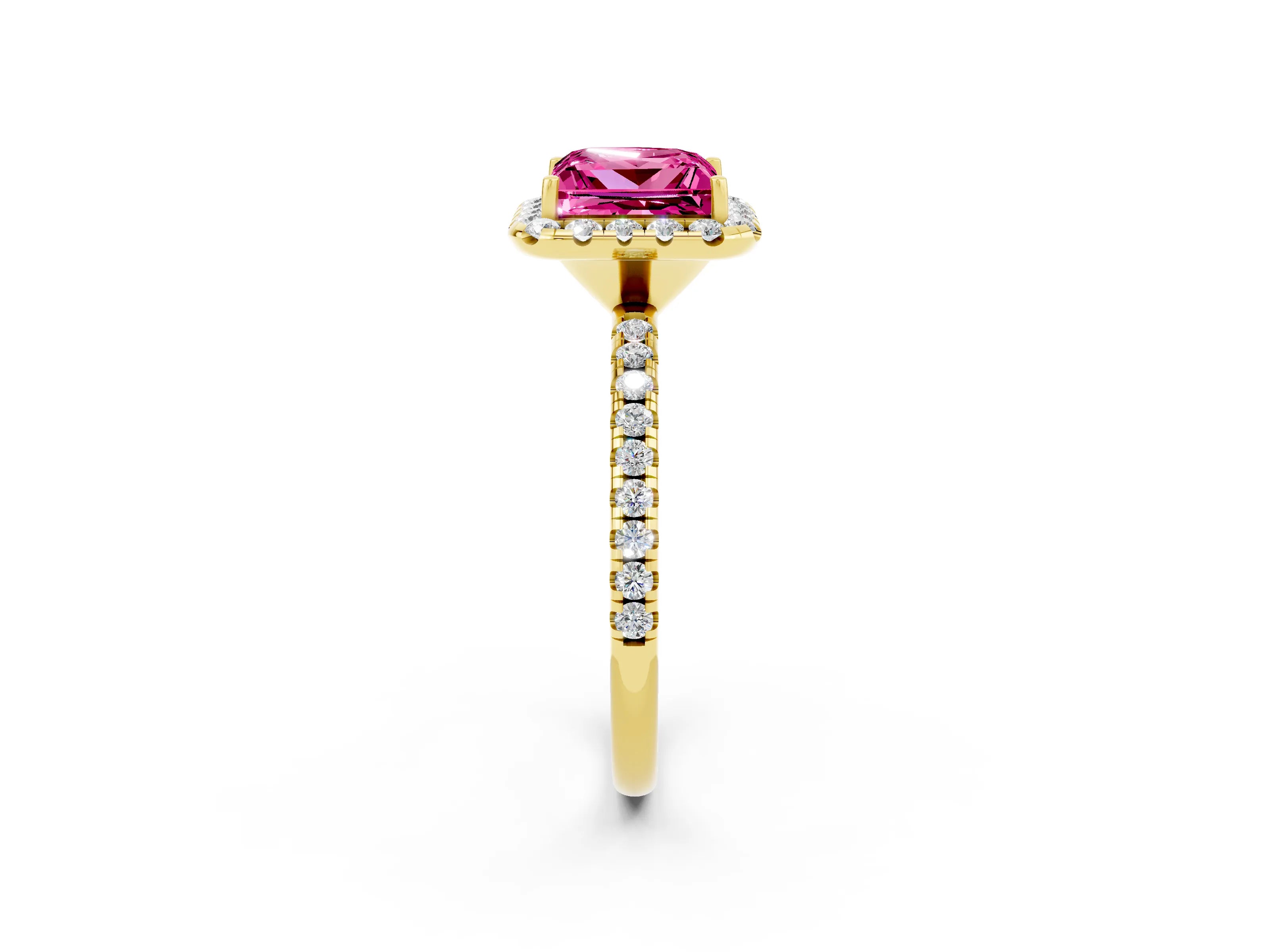 Yellow gold Princess Cut Halo Round Diamond Pavé Band Four-Prong Ring_2