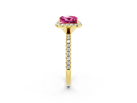 Yellow gold Princess Cut Halo Round Diamond Pavé Band Four-Prong Ring_2
