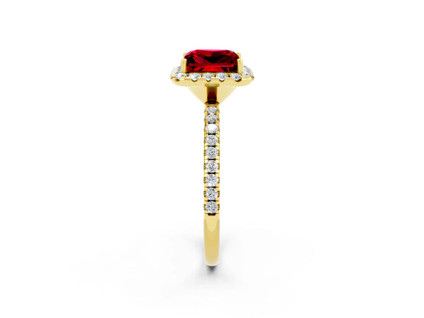 Yellow gold Princess Cut Halo Round Diamond Pavé Band Four-Prong Ring