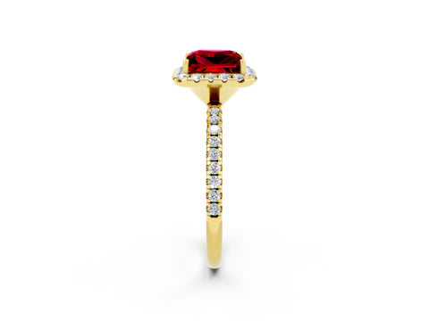 Yellow gold Princess Cut Halo Round Diamond Pavé Band Four-Prong Ring_2