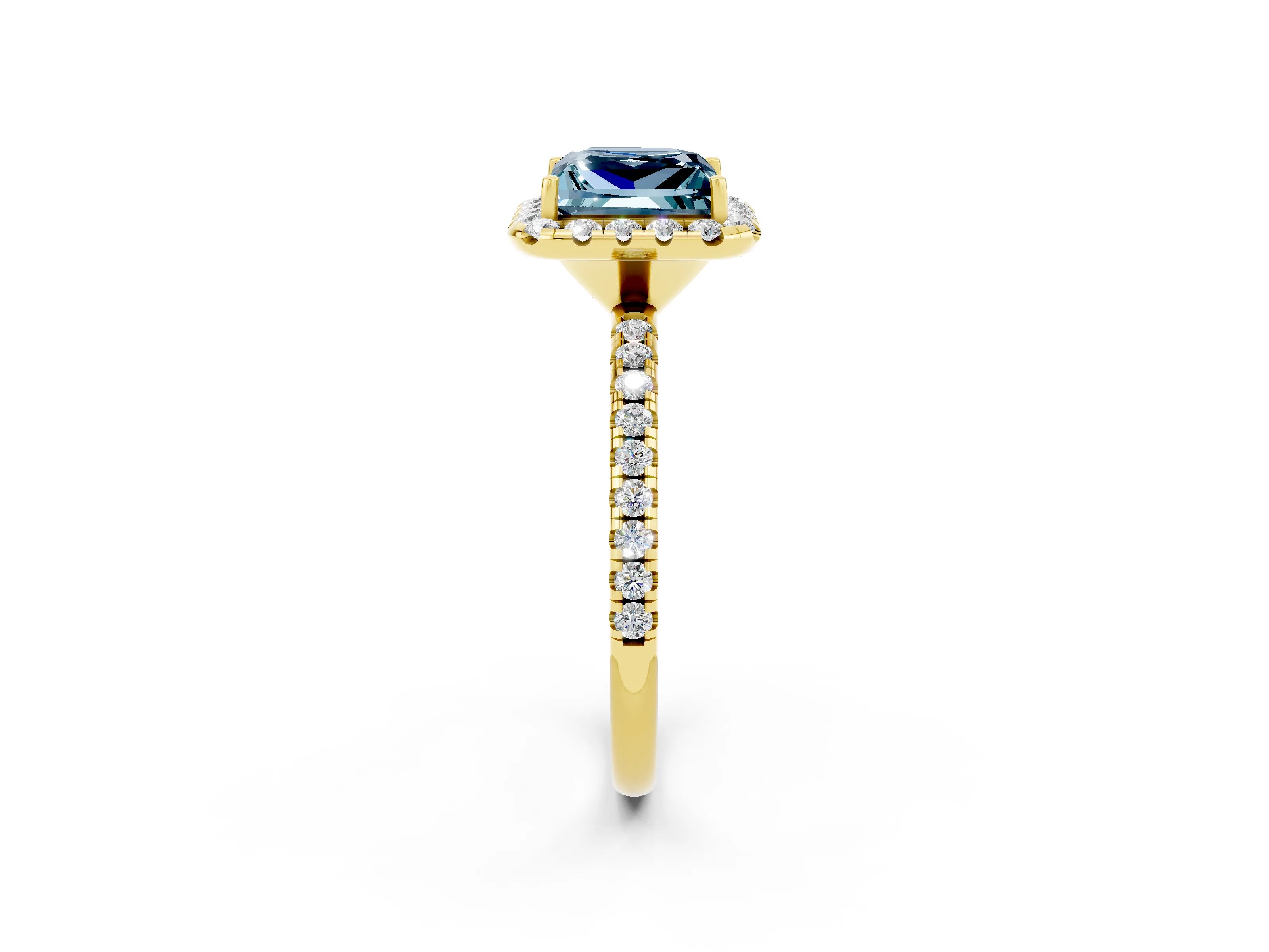 Yellow gold Princess Cut Halo Round Diamond Pavé Band Four-Prong Ring_2
