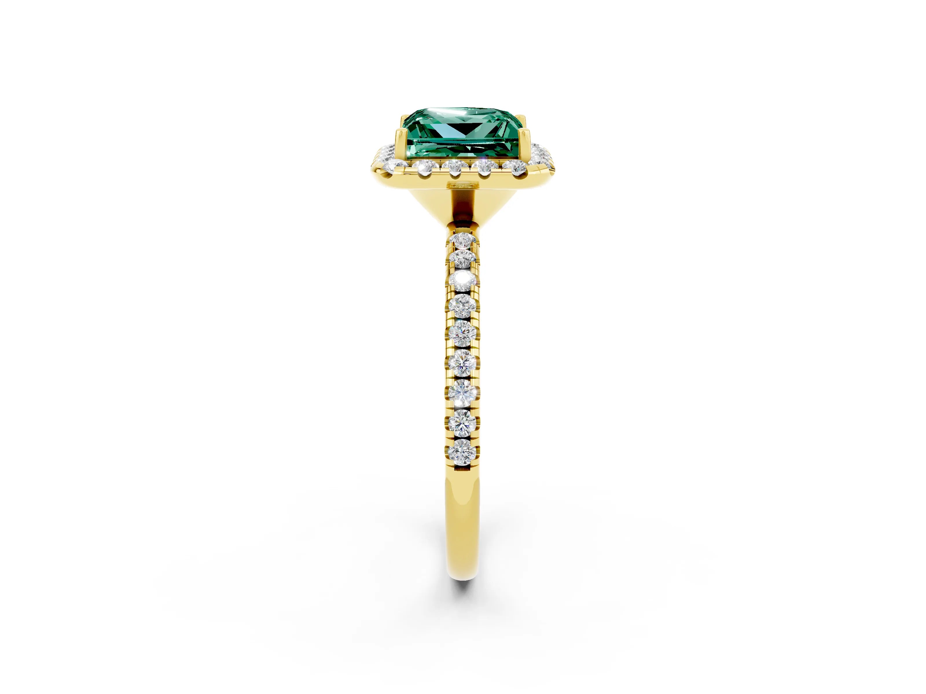 Yellow gold Princess Cut Halo Round Diamond Pavé Band Four-Prong Ring_2