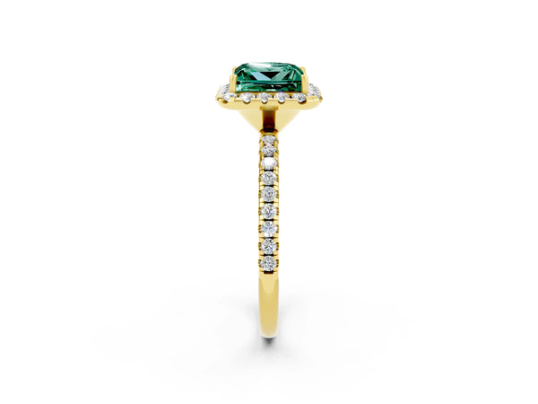 Yellow gold Princess Cut Green Sapphire Halo Ring with Round Pavé Band and Prong Setting