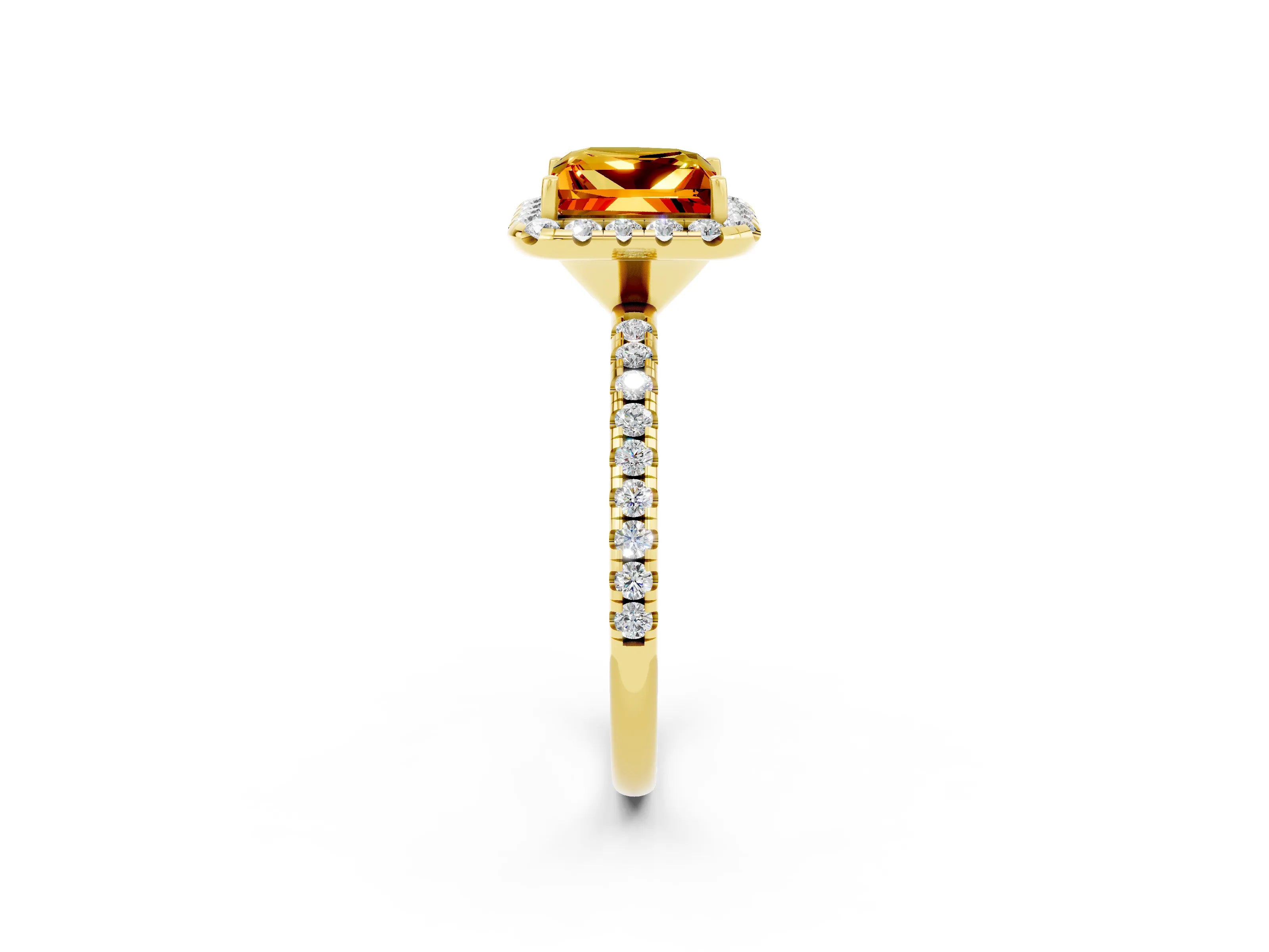 Yellow gold Princess Cut Halo Round Diamond Pavé Band Four-Prong Ring_2