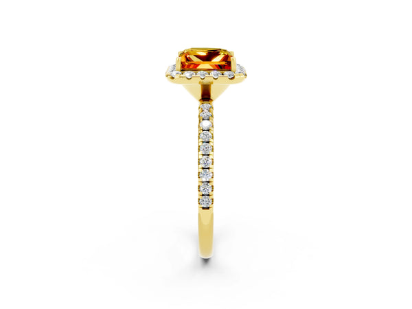 Yellow gold Princess Cut Citrine Halo Ring with Round Pavé Band and Prong Setting