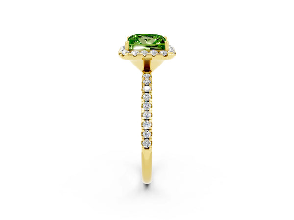 Yellow gold Princess Cut Halo Round Diamond Pavé Band Four-Prong Ring
