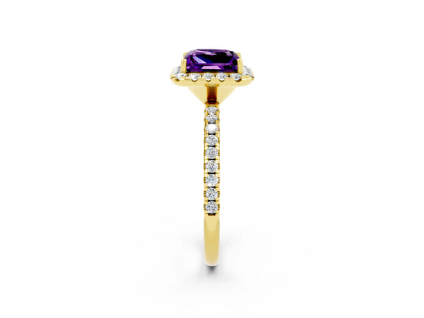 Yellow gold Princess Cut Amethyst Halo Ring with Round Pavé Band and Prong Setting