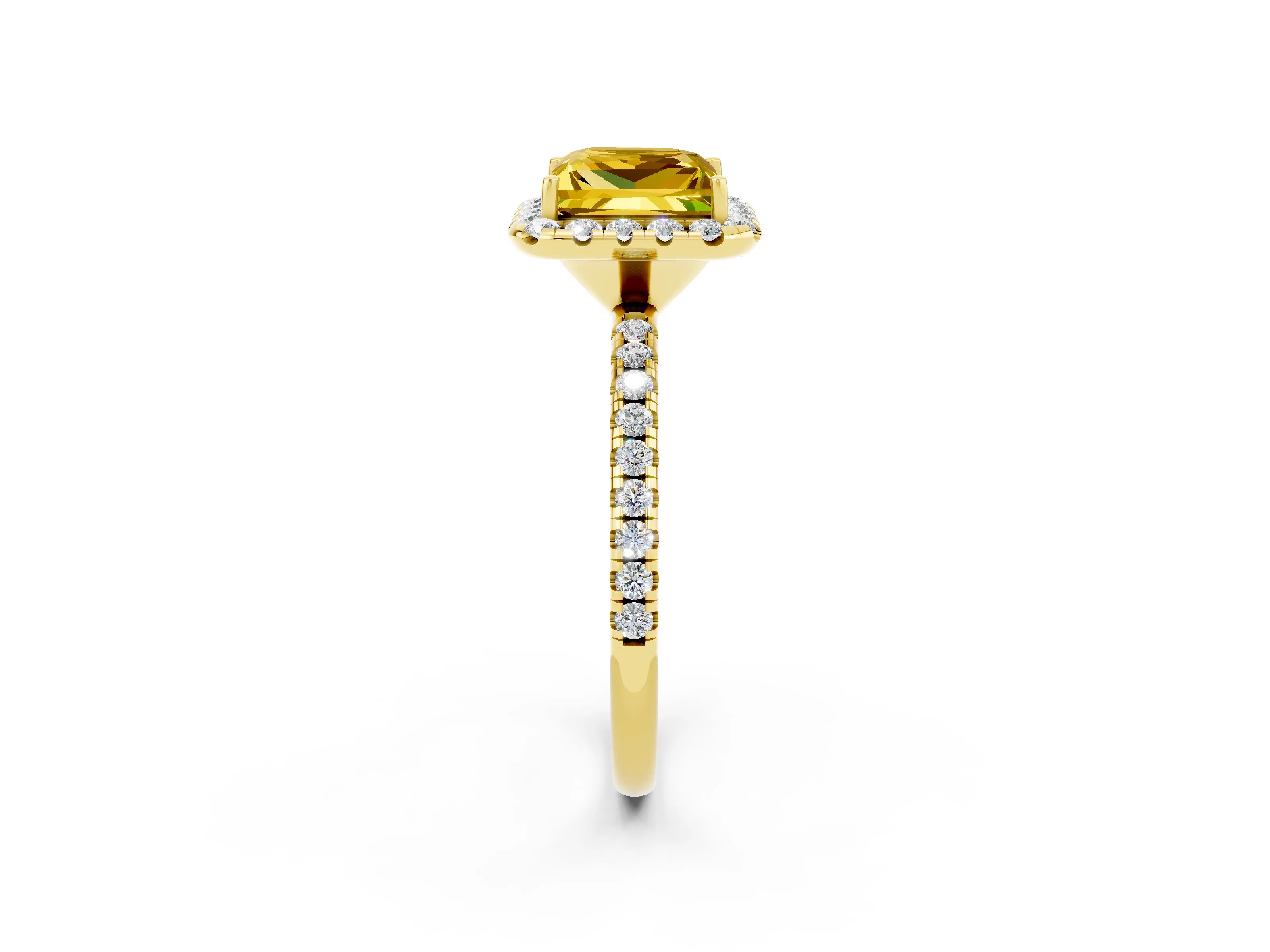 Yellow gold Princess Cut Halo Round Diamond Pavé Band Four-Prong Ring_2