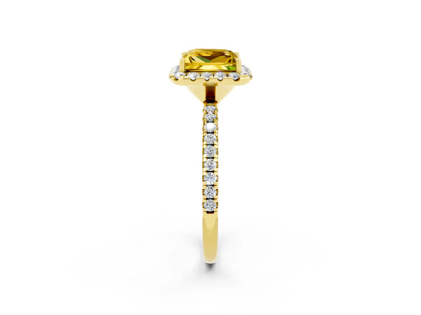 Yellow gold Princess Cut Yellow Sapphire Halo Ring with Round Pavé Band and Prong Setting