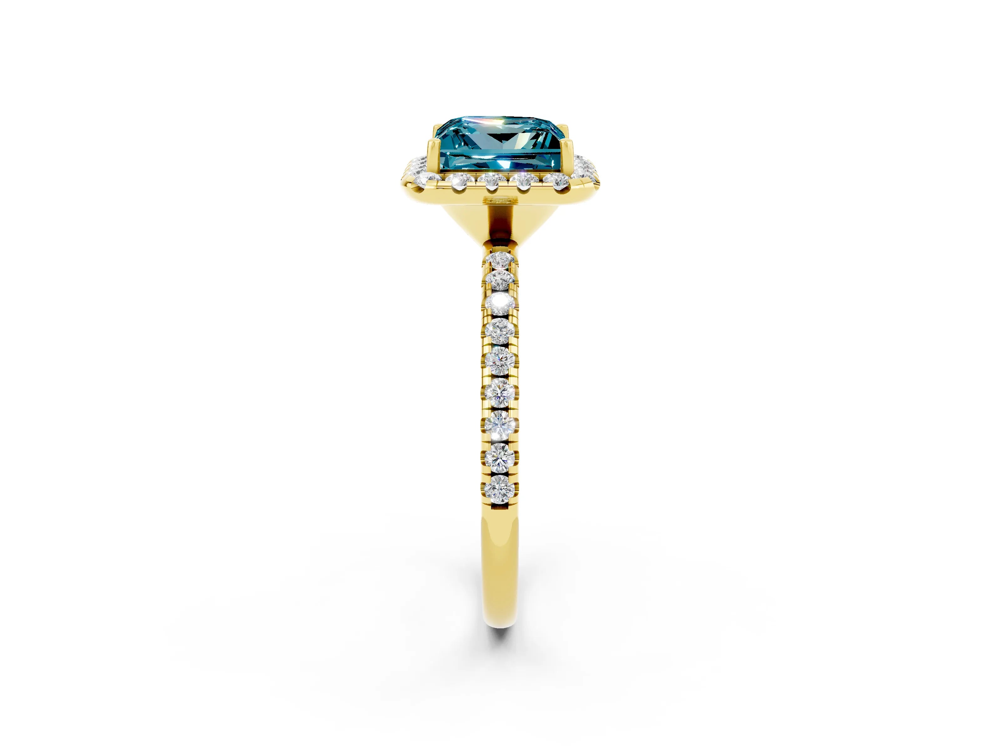 Yellow gold Princess Cut Halo Round Diamond Pavé Band Four-Prong Ring_2