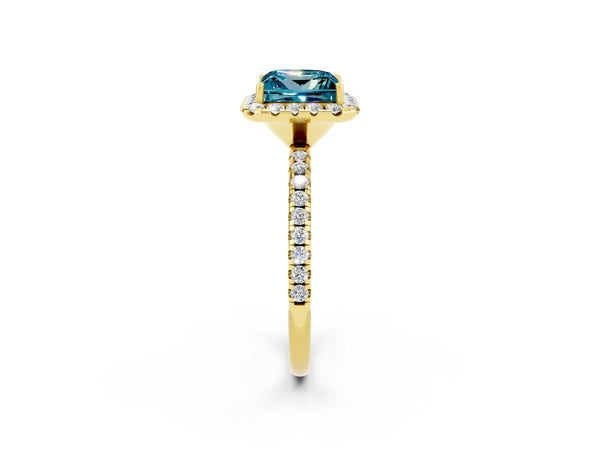 Yellow gold Princess Cut Halo Round Diamond Pavé Band Four-Prong Ring