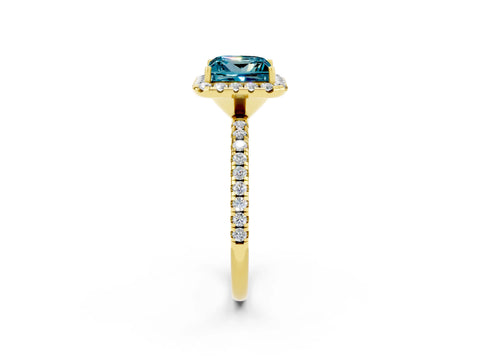 Yellow gold Princess Cut Halo Round Diamond Pavé Band Four-Prong Ring_2
