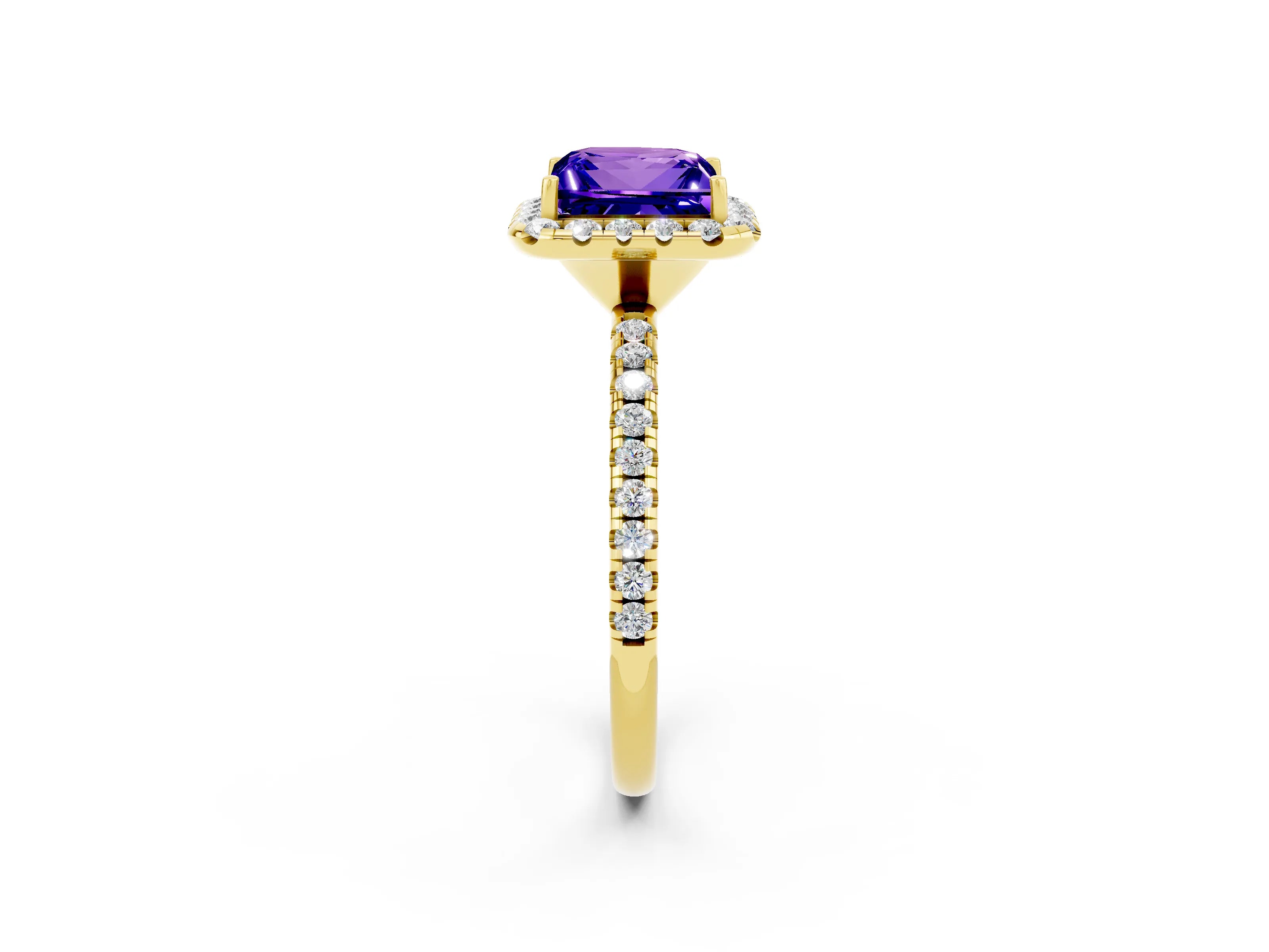 Yellow gold Princess Cut Halo Round Diamond Pavé Band Four-Prong Ring_2