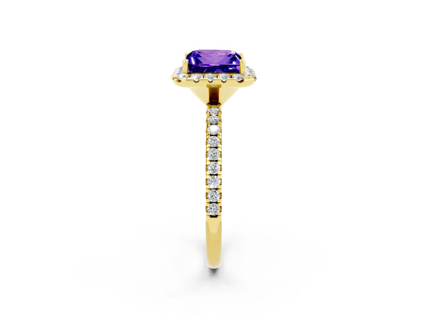 Yellow gold Princess Cut Tanzanite Halo Ring with Round Pavé Band and Prong Setting