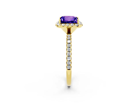 Yellow gold Princess Cut Halo Round Diamond Pavé Band Four-Prong Ring_2