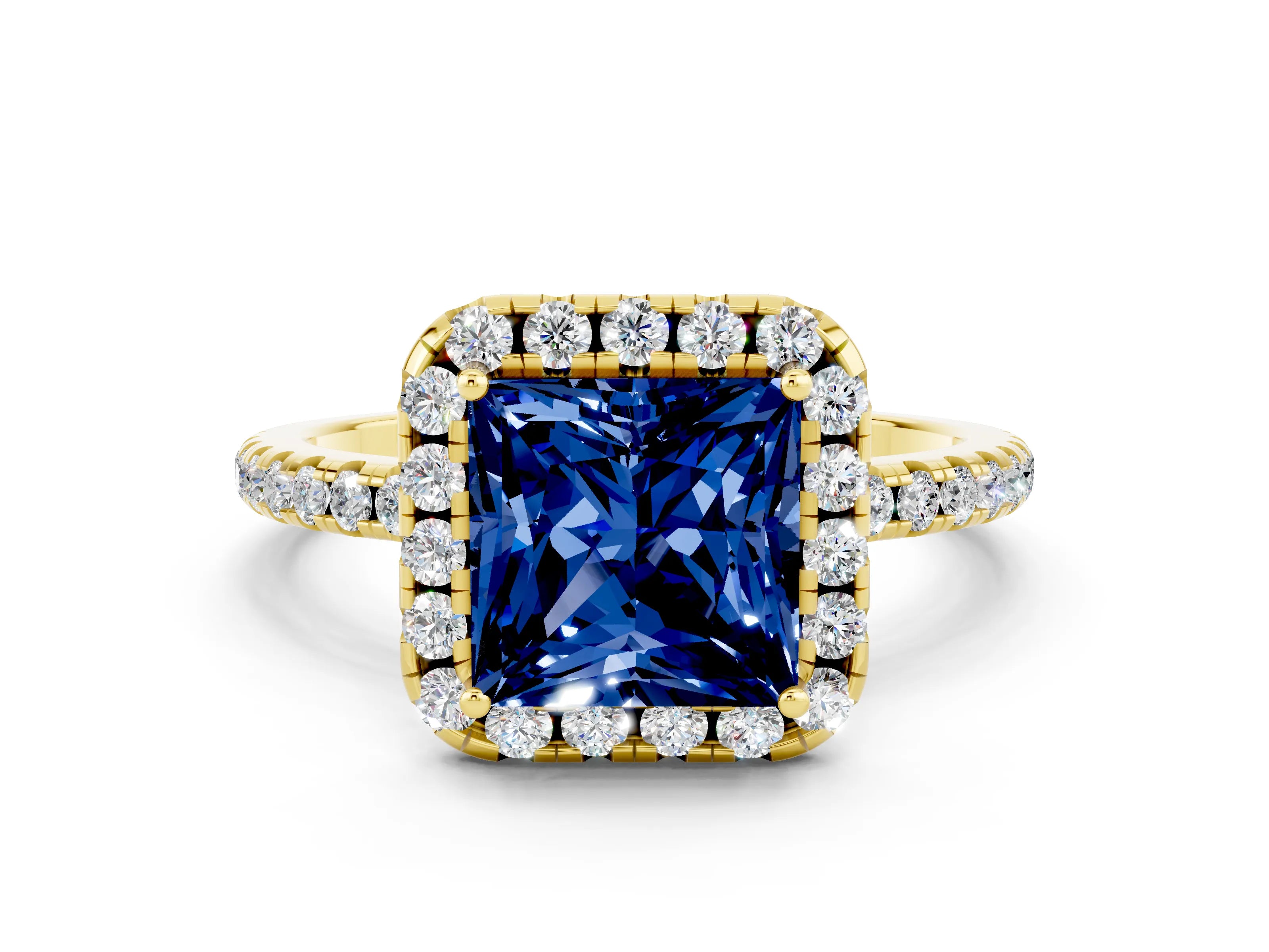 Yellow gold Princess Cut Halo Round Diamond Pavé Band Four-Prong Ring