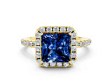 Yellow gold Princess Cut Halo Round Diamond Pavé Band Four-Prong Ring