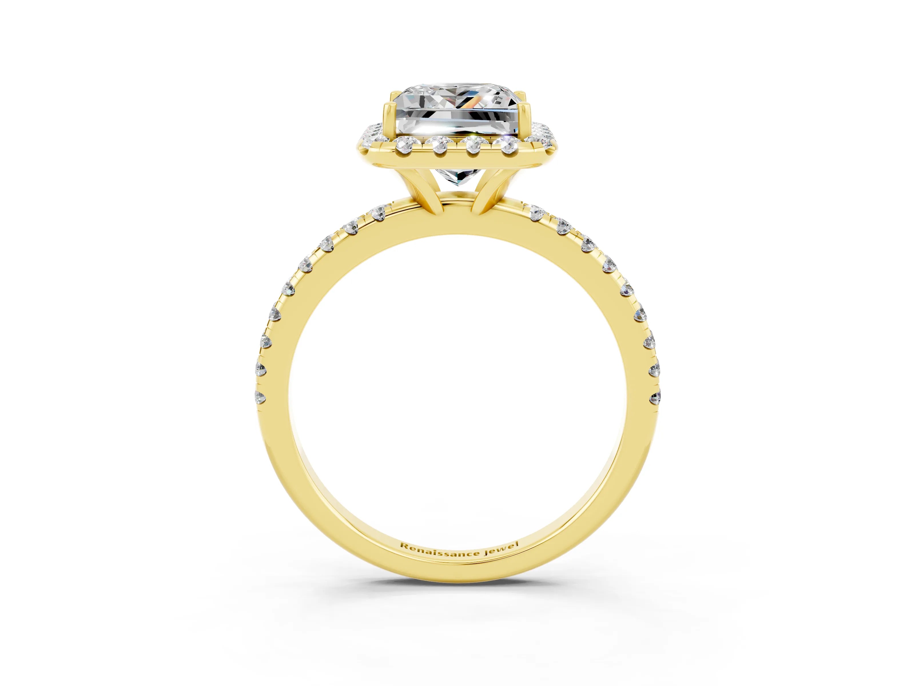Yellow gold Princess Cut Halo Round Diamond Pavé Band Four-Prong Ring_3