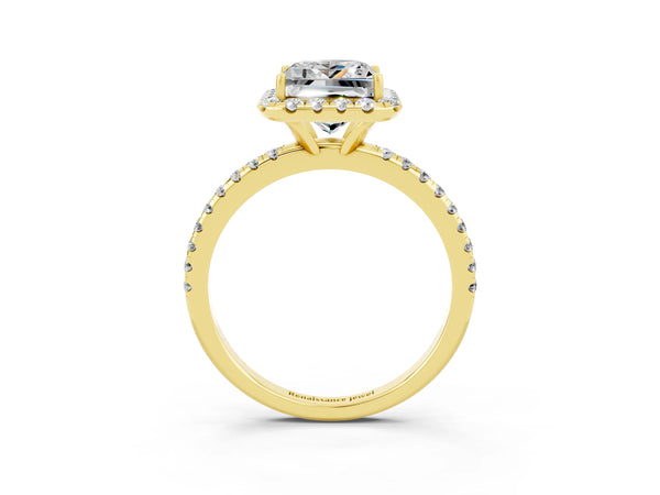 Yellow gold Princess Cut Moissanite Halo Ring with Round Pavé Band and Prong Setting