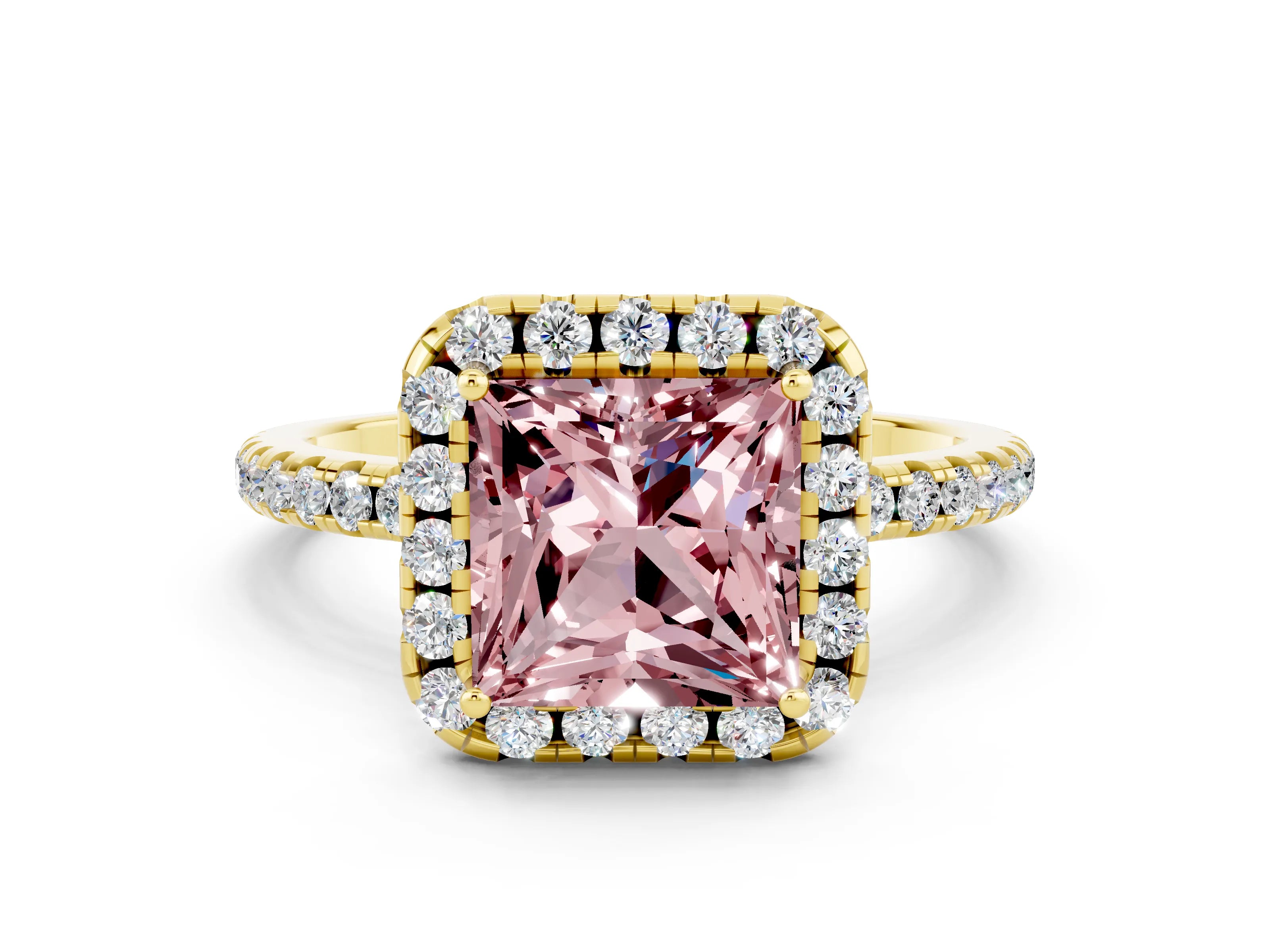Yellow gold Princess Cut Halo Round Diamond Pavé Band Four-Prong Ring