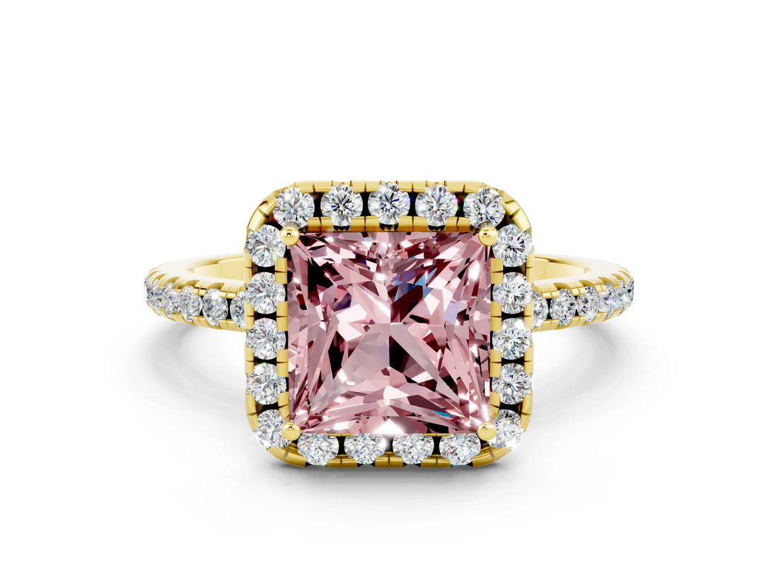 Yellow gold Princess Cut Halo Round Diamond Pavé Band Four-Prong Ring