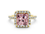 Yellow gold Princess Cut Halo Round Diamond Pavé Band Four-Prong Ring