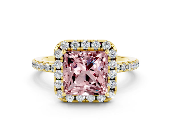 Yellow gold Princess Cut Halo Round Diamond Pavé Band Four-Prong Ring