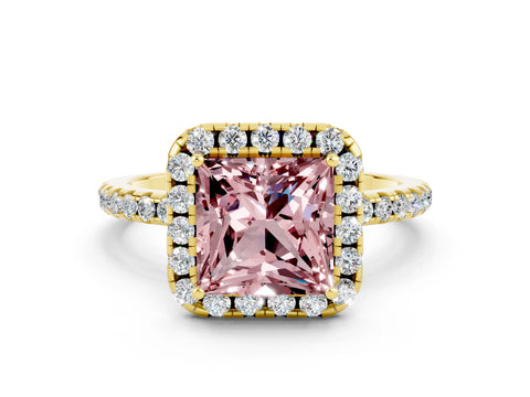 Yellow gold Princess Cut Halo Round Diamond Pavé Band Four-Prong Ring